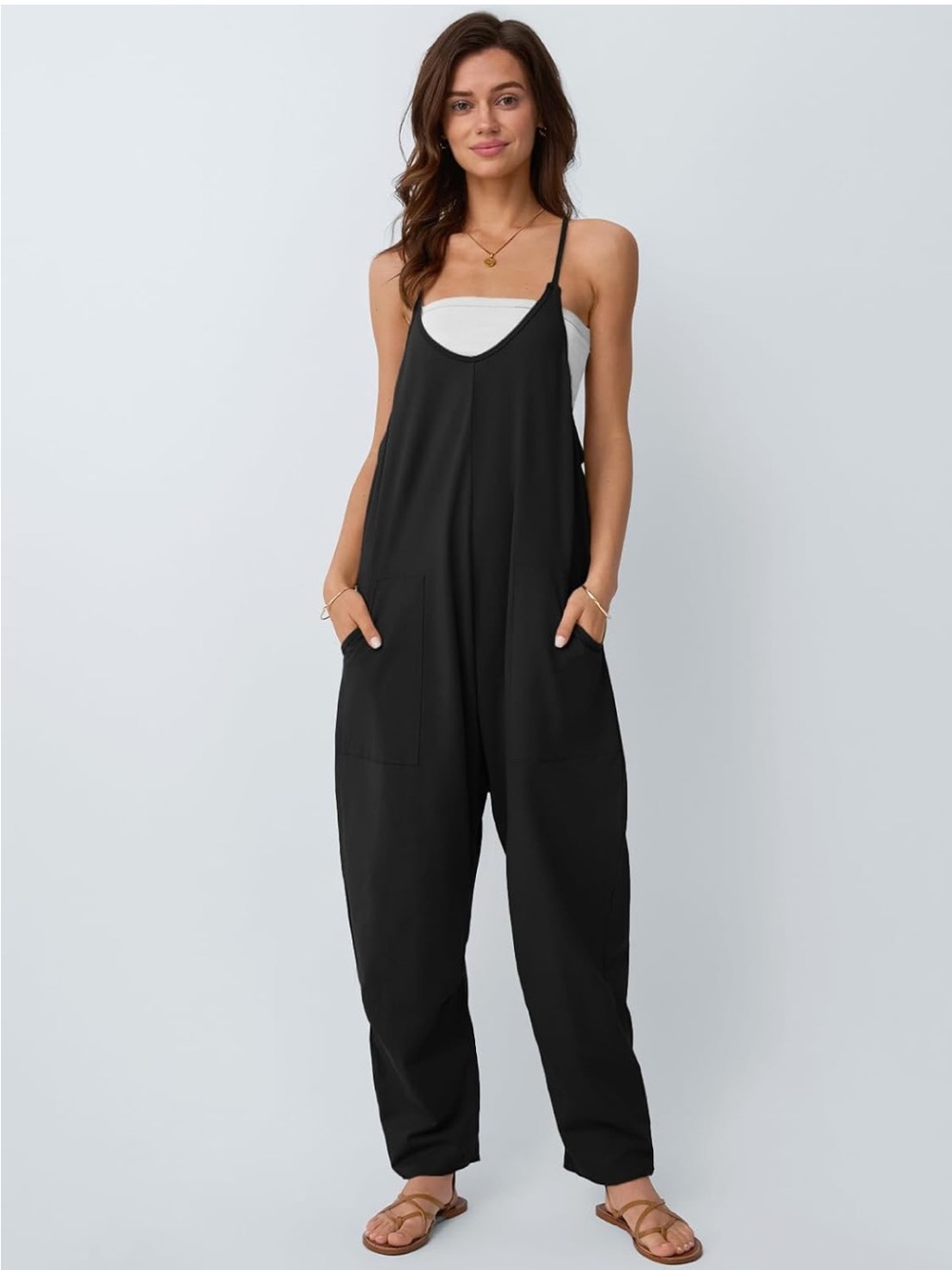 Relaxed Black Spaghetti-Strap Jumpsuit with Front Pockets (FP Dupe)